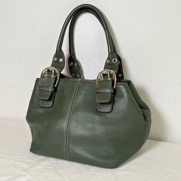 TIGNANELLO Dark Green Leather Satchel Silver Buckles Y2K - Picture 4 of 16